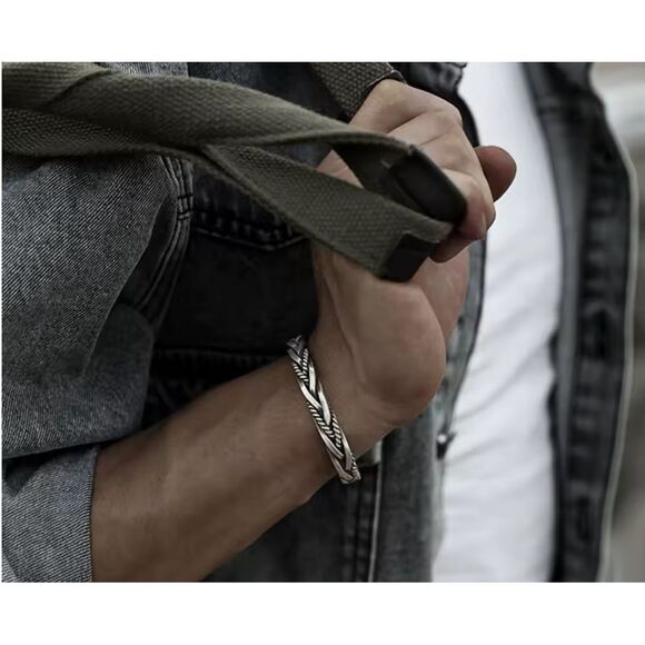 NEW Solid‎ Unisex Braided 925 Sterling Silver Cuff Bracelet, Adjustable 5.9cm - Picture 9 of 16